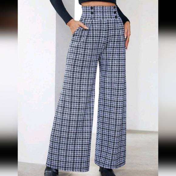 Plaid Print Button Detail Suit Pants - Picture 1 of 5